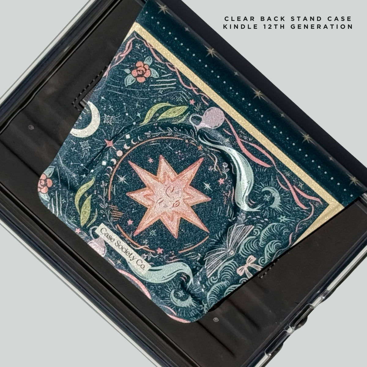 The Star tarot Kindle clear back stand case, peach star and crescent moon on dark teal, 12th generation fit