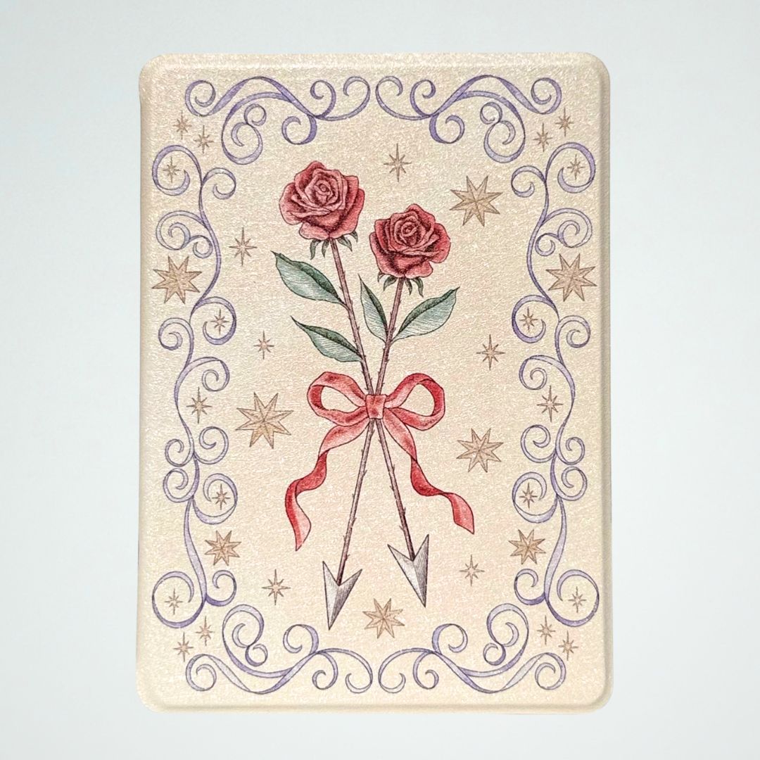 The Vow Kindle case, cream romantasy cover with two roses tied in a ribbon over crossed arrows