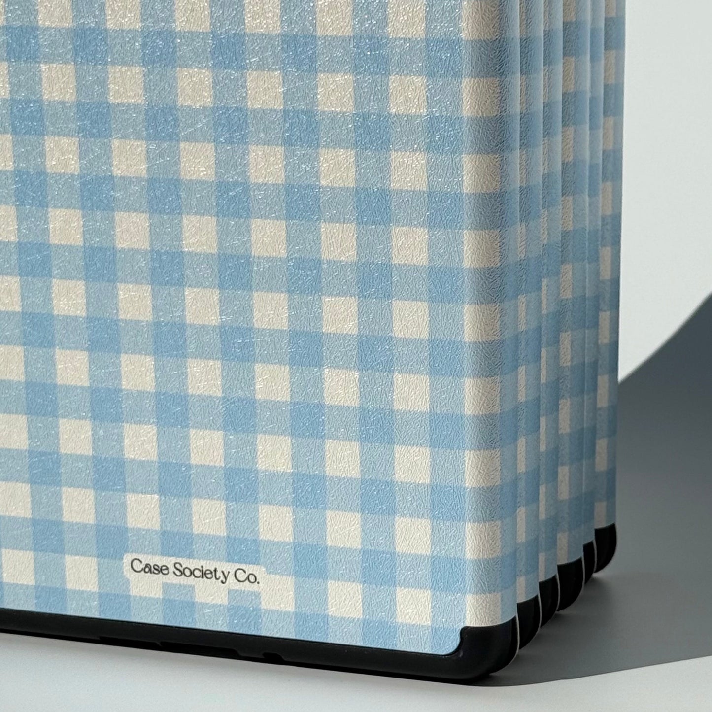 The Quiet Blue blue gingham Kindle case, back view for Kindle Paperwhite