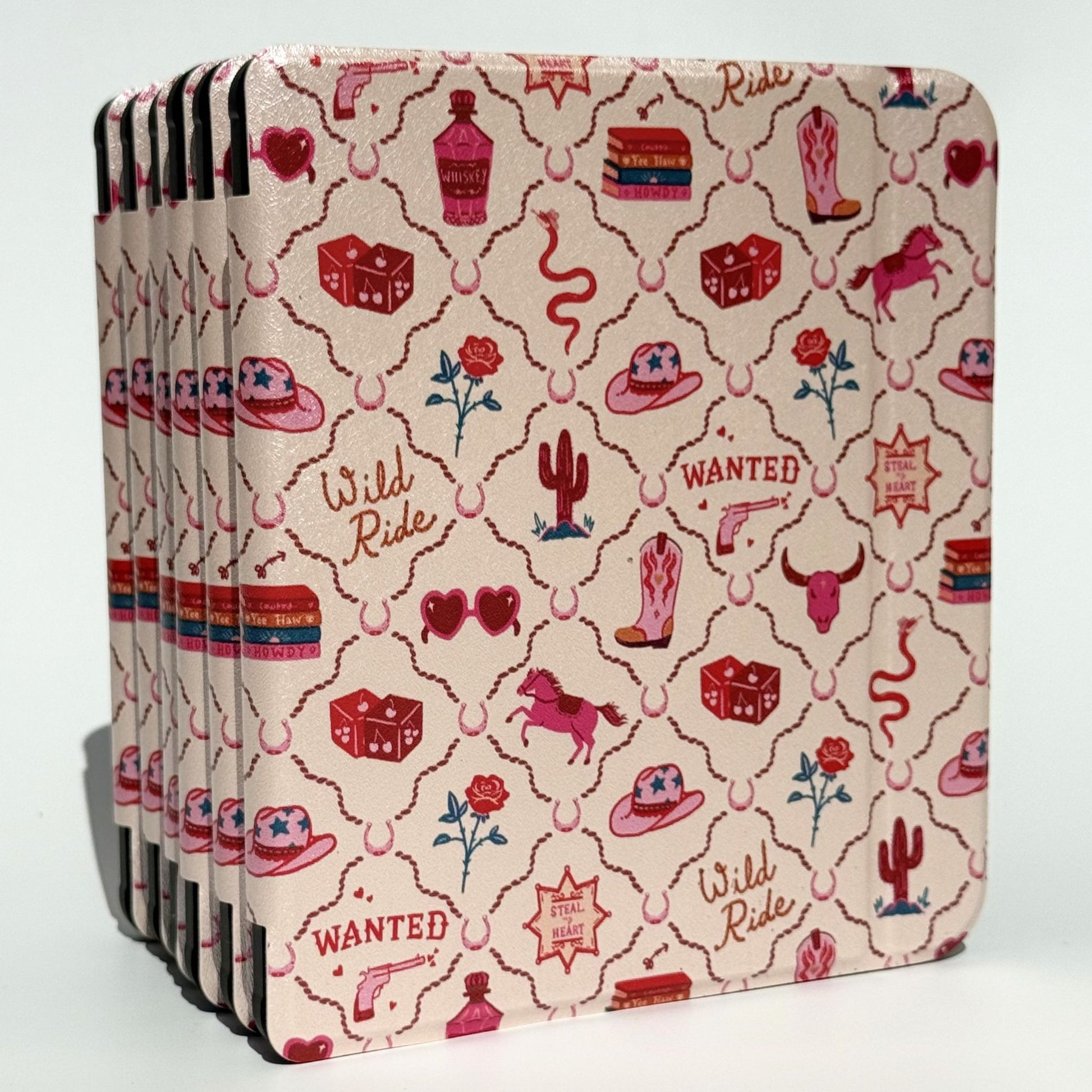 Back of Wild Ride Kobo Libra case showing precise camera cutout, black shockproof bumper and Case Society Co. logo on pink coastal cowgirl print