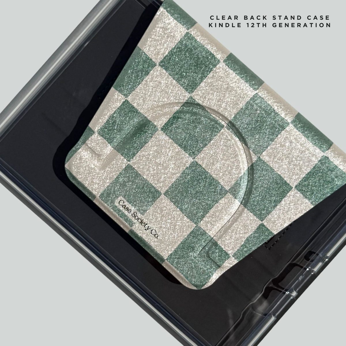 Woodland Tales green checkerboard clear back stand case for Kindle 12th generation
